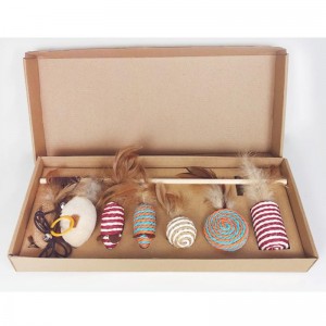 Pet Trä Rod Fjäder Rolig Katt Stick Kombination Katt Toy Set Box Seven-Piece Mouse Sisal Ball Funny Cat Artifact